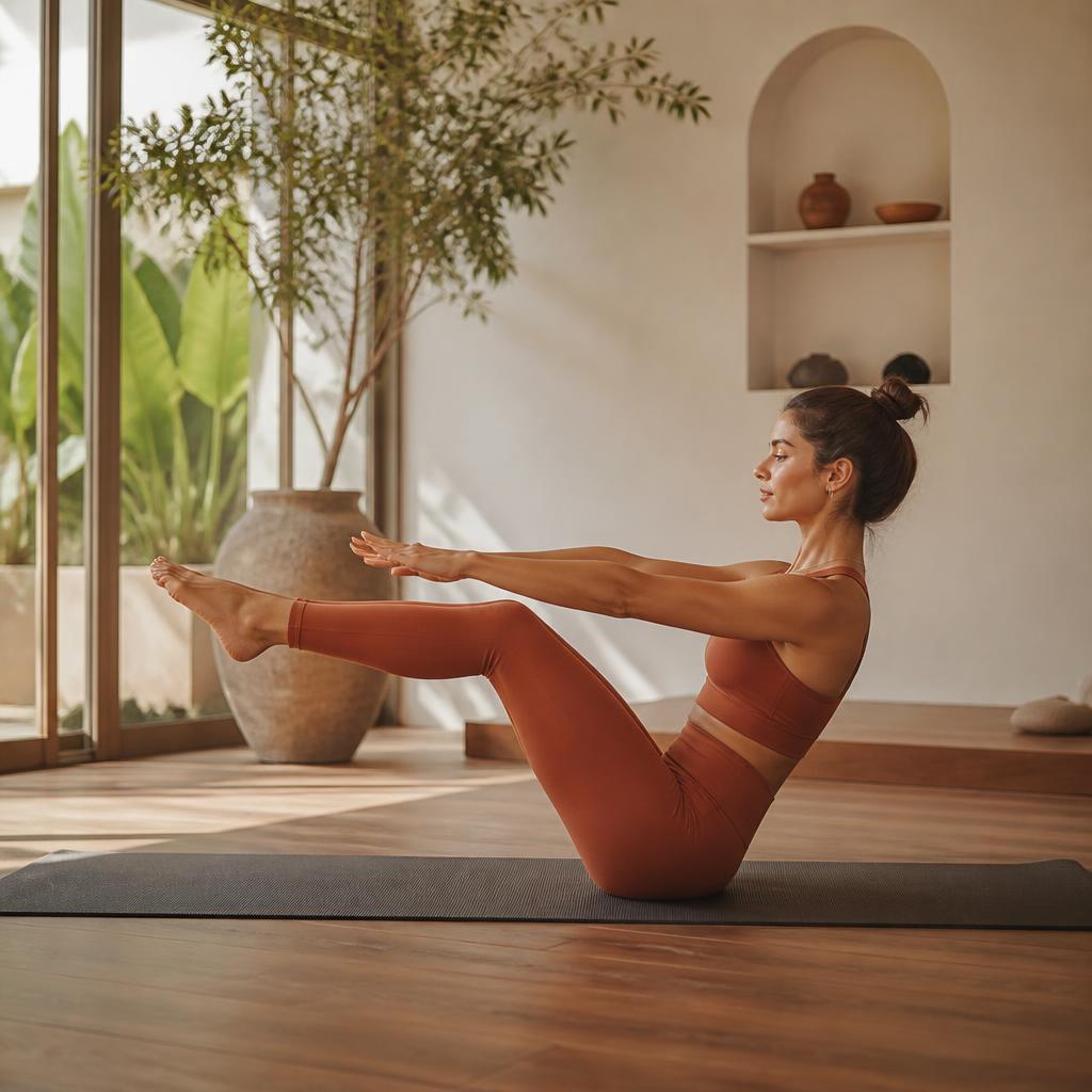 Mulher praticando pilates em estúdio de madeira