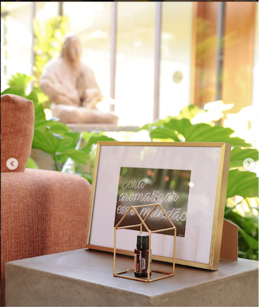 Detalhe editorial: frasco de óleo essencial doTERRA em quadro decorativo